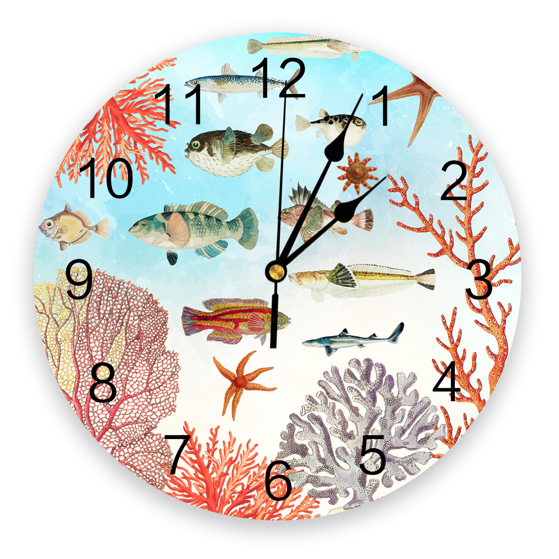 수중 세계 물고기 산호 불가사리 해양 생물 바다 벽 시계 현대 디자인 거실 장식 시계 벽 시계 홈 장식